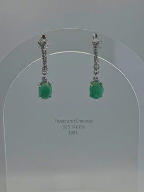 925 Sterling Silver 14K Gold Plated Sapphire White Topaz Dangle Earrings 8x6mm